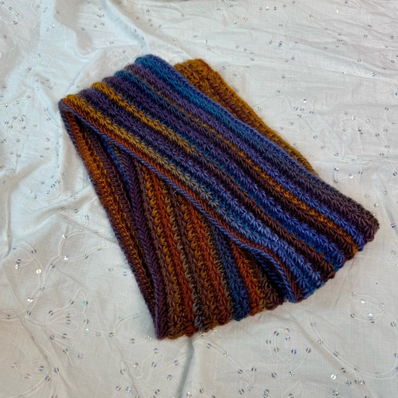 Hand Knit Multicolor Infinity Scarf Wool Cotton Blend, Cozy Striped Unisex Scarf - Picture 1 of 3